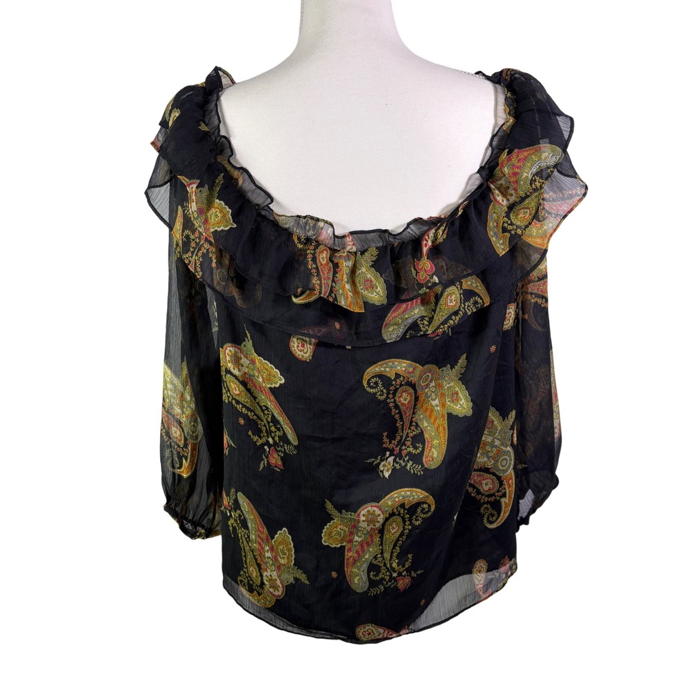 Vince Camuto Blouse Womens XL Black Paisley Ruffle Neck Sheer Chiffon Top